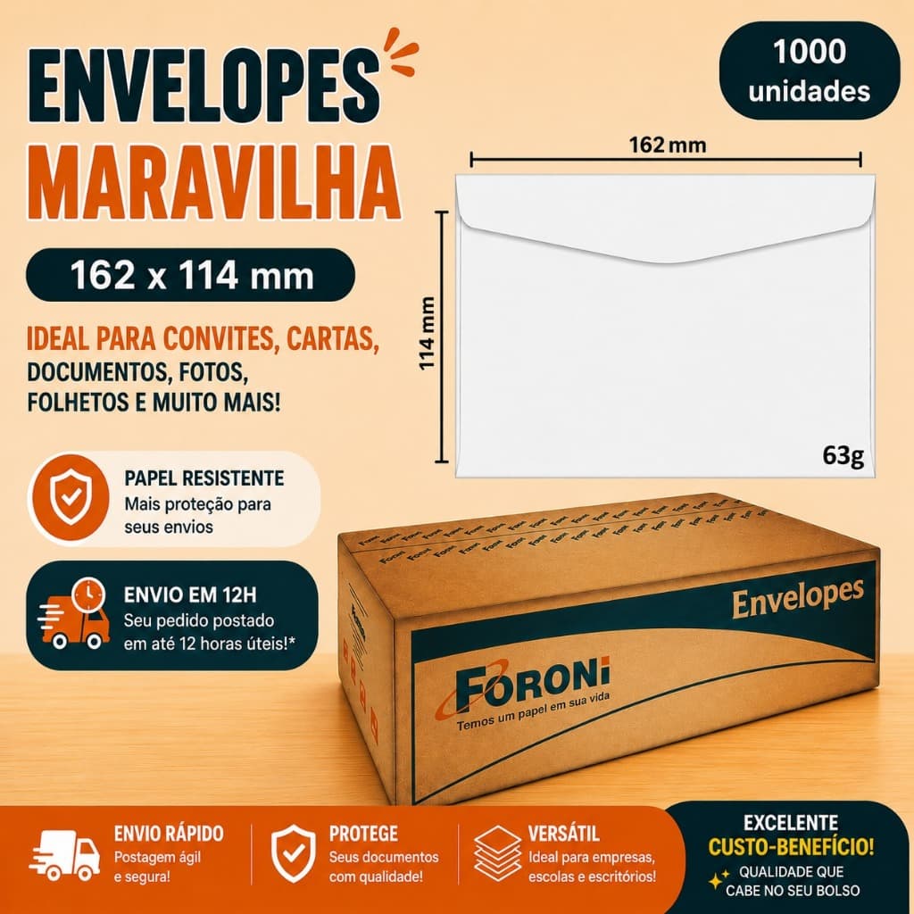 Envelope Maravilha Para Carta Branco Foroni 1000 Unidades - 11,4 x 16,2 cm, Sem CEP