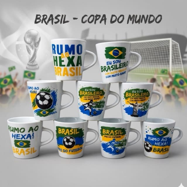 Jogo xícaras Brasil 120ml Porcelana Personalizada Rumo Hexa Presente Elegante Brasileiro Chá Café Lenbrança Brasil