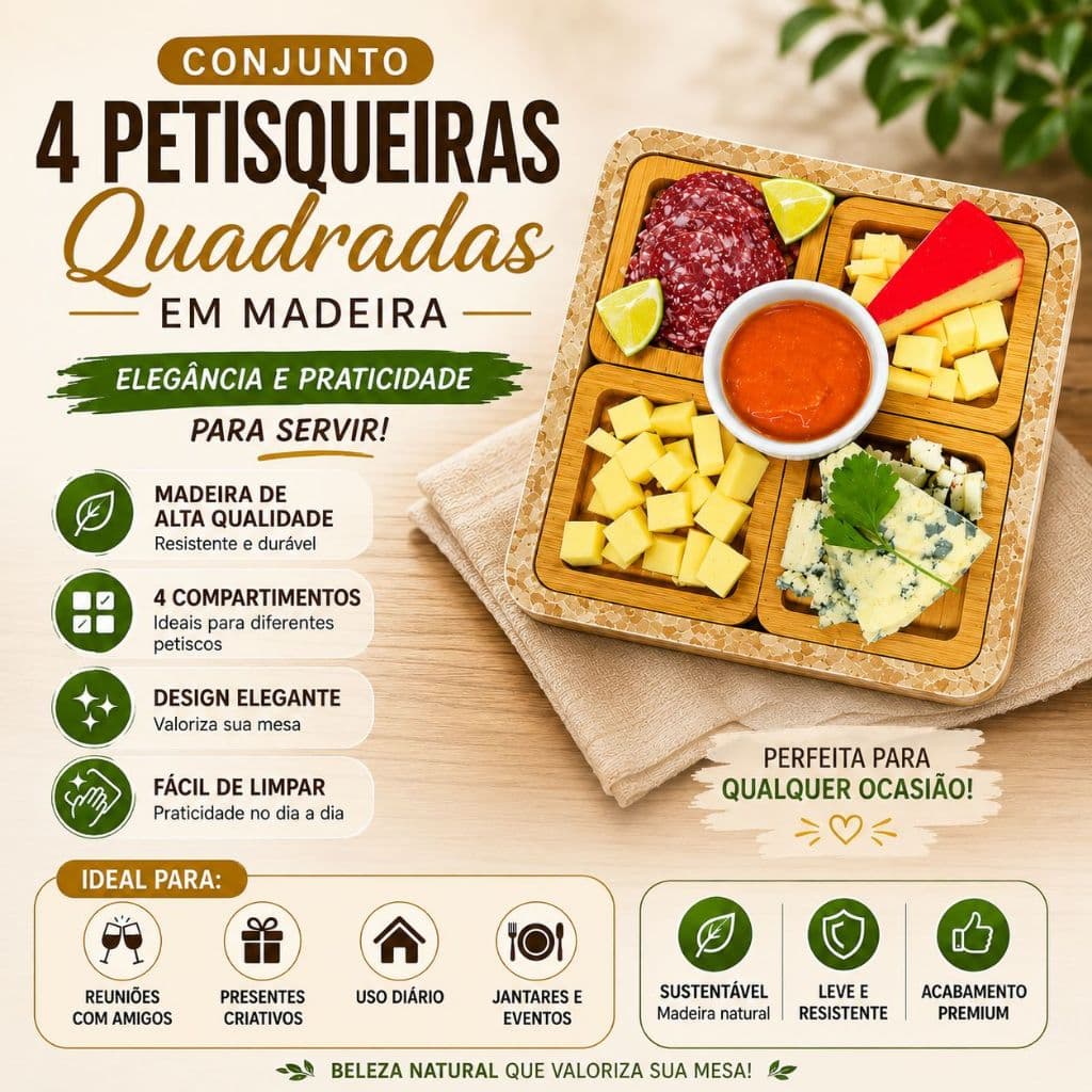 Conjunto Petisqueira Quadrada Madeira 4 Peças Suporte Aperitivos Rusticidade