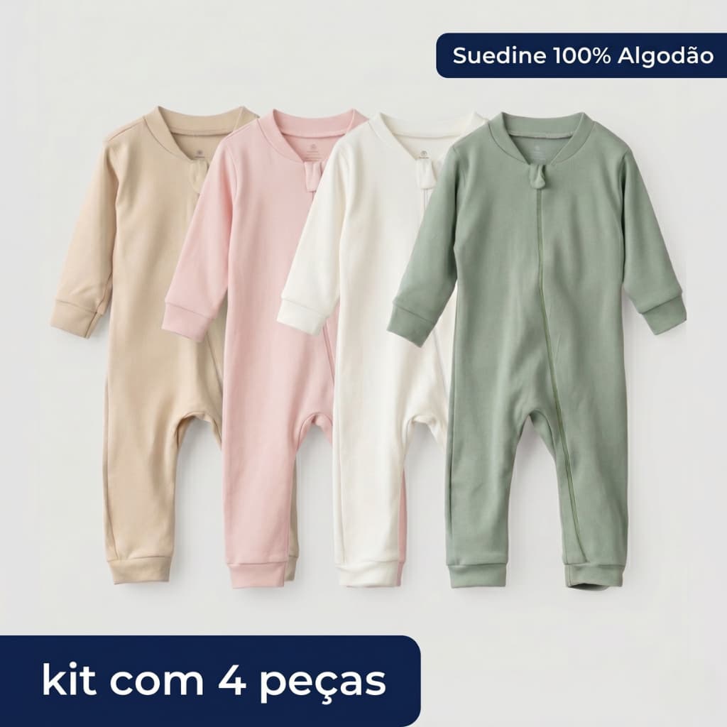 Kit 4 Macacão Bebê Suedine 100% Algodão Recém-nascido a 1 ano Menino e Menina com Zíper