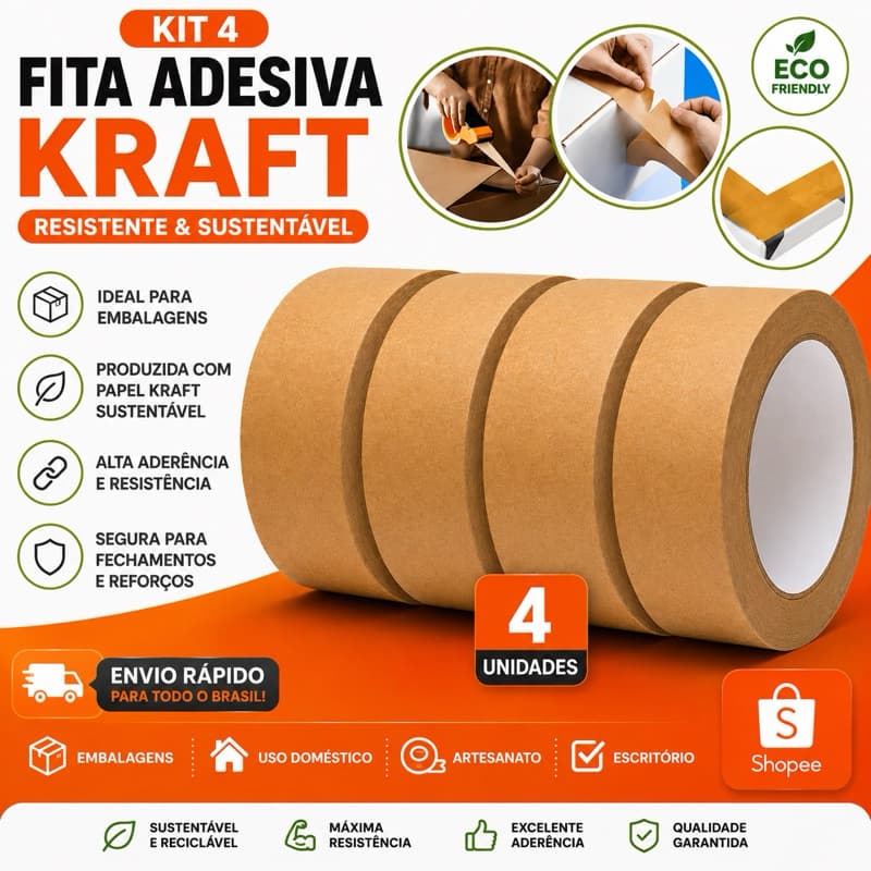 Kit 4 Fitas Kraft Marrom 48mm x 20m Forte e Resistente à Água Ideal para Embalagens e Caixas BOM-1348