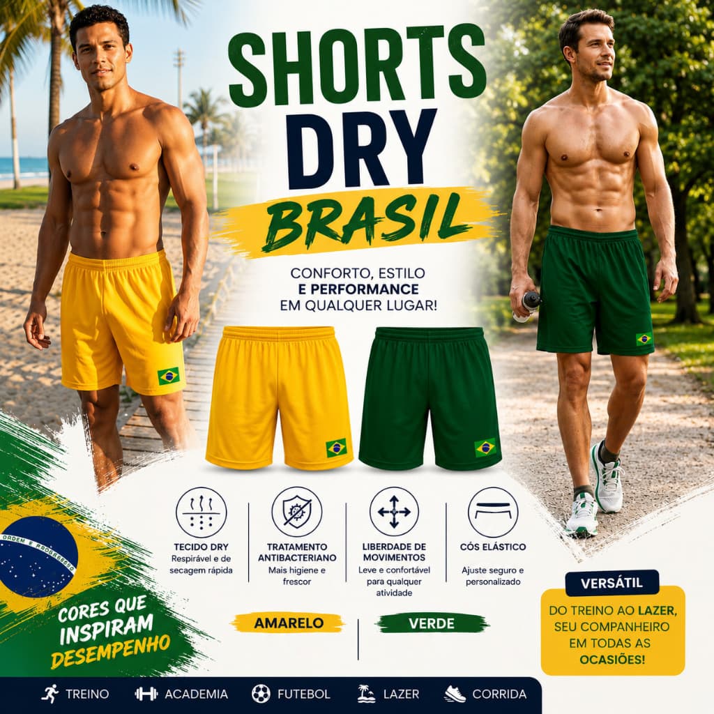 Shorts Dry Brasil Copa do Mundo Seleção Brasileira Masculino: Treino Academia Corrida Futebol Bombey