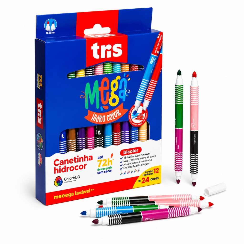Canetinhas Hidrocor Tris Mega 24 Cores Ponta Dupla Lavável Escolar Infatil Colorir Desenho