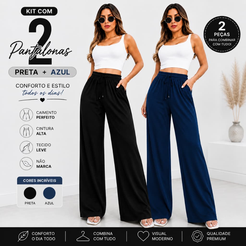 Kit 2 Calça Feminina Pantalona Duna Cintura Alta Cós Elástico Com Bolso