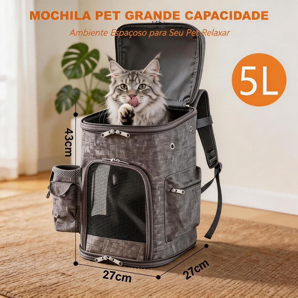 Mochila Pet Grande 5L para Gatos e Cachorros – Conforto e Ventilação, Ideal para Passeios