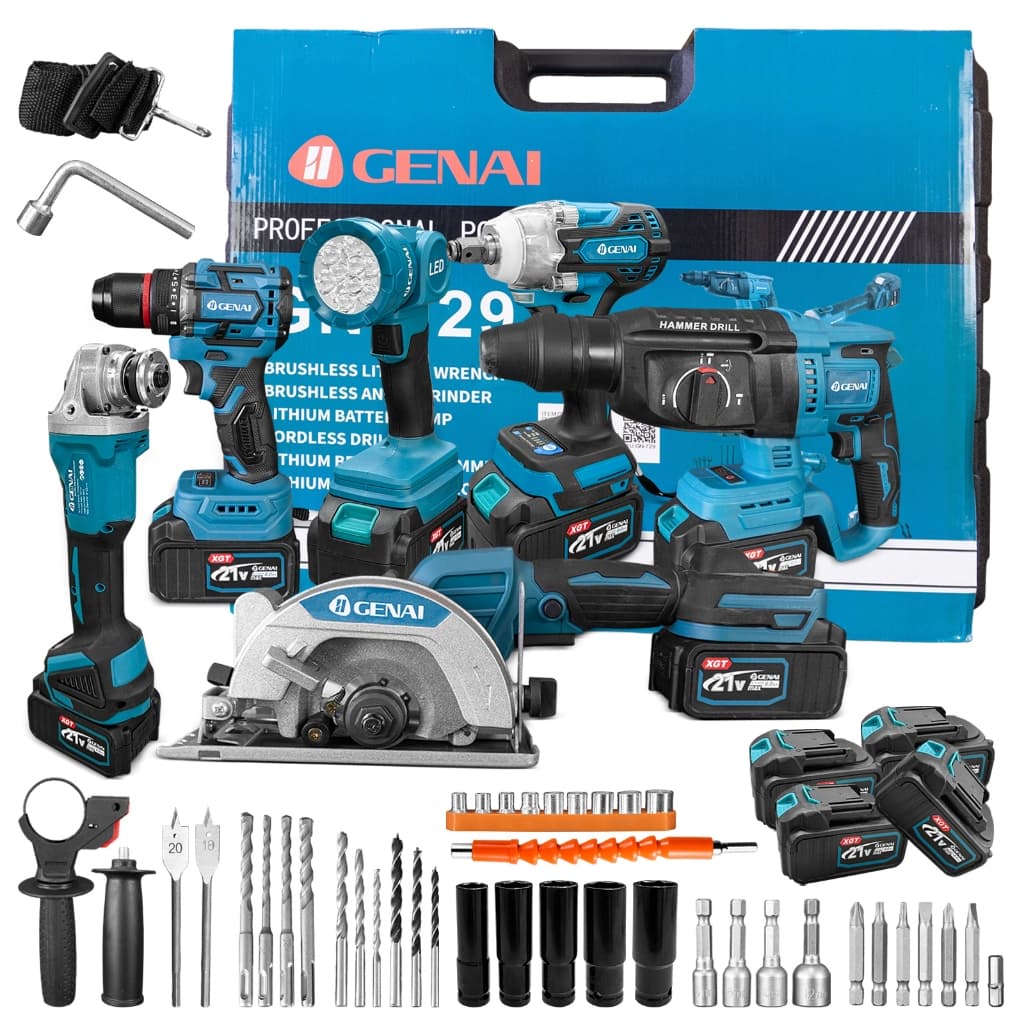 Kit 6 em 1 furadeira sem escova 21V + chave inglesa + rebarbadora + martelo + luz + motosserra