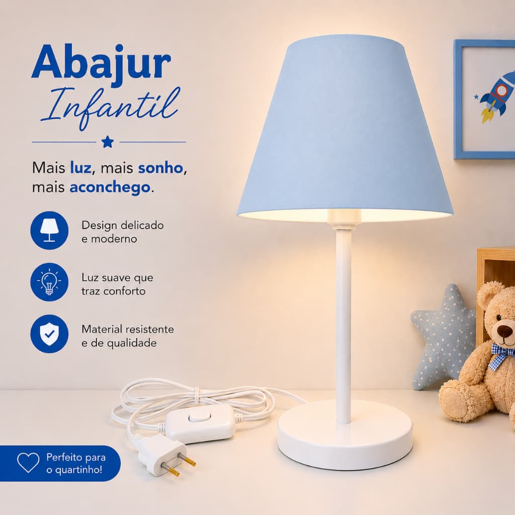 Abajur de Mesa Infantil Azul Claro com Design Moderno e Iluminação Aconchegante - Ava
