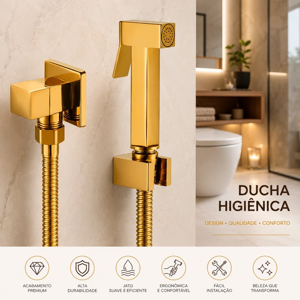 Ducha Higiênica Completa Quadrada Metal Dourada Banheiro