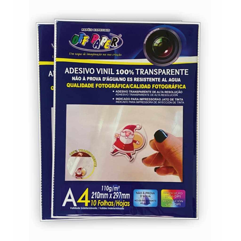 Adesivo Vinil Transparente 110g A4 - Pct com 10/20 Folhas Transparencia 100 % | Off Paper 210x297mm