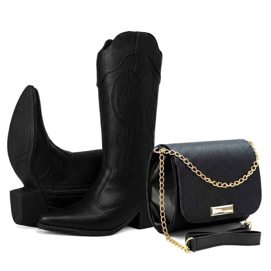 Kit Bota Texana Feminina Cano Médio Premium + Bolsa Transversal Anijke Elegante