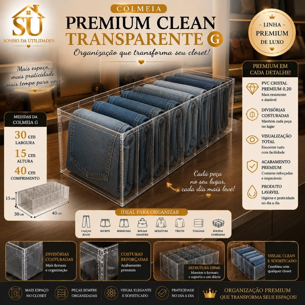 Colmeia Organizadora Premium Clean Transparente  G PVC Cristal 0,20 Totalmente Costurada para Jeans
