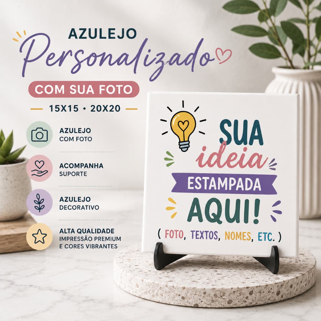 Azulejo Personalizado com Foto, Nome ou Frase – Decorativo com Suporte | 15x15 cm e 20x20 cm