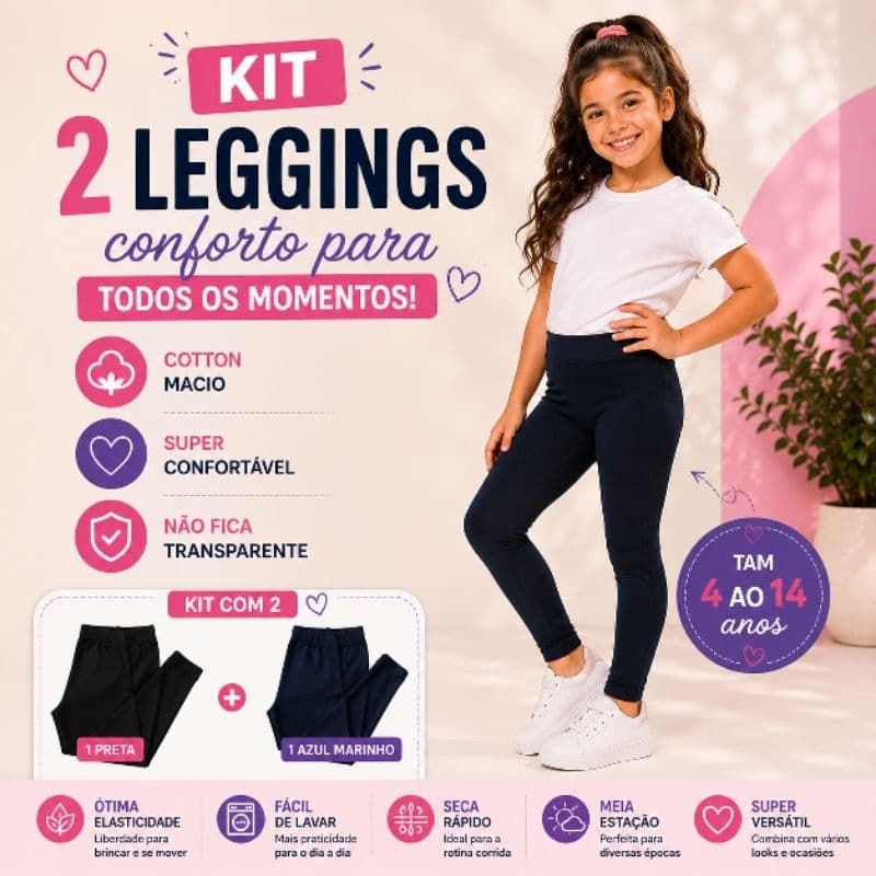 Kit Legging Cotton Escolar Lisa Preta Marinho Feminina Menina Infantil Juvenil Calça Meia Estação