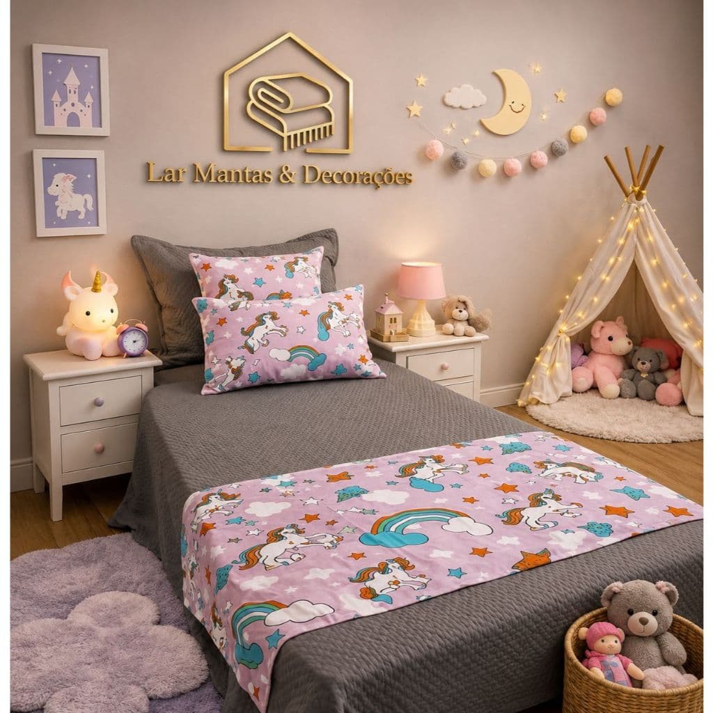 Kit Peseira + Capa de Almofada Infantil Algodão 3 Peças com Baguete Decorativa Elegante Cama