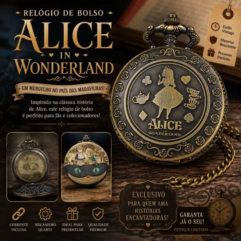 Relógio de Bolso Alice no País das Maravilhas - Design Retro e Casual, 47mm Bronze