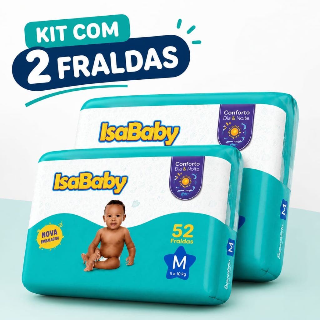 Kit 2 Pacotes Fralda Isababy Tamanho M 52un Conforto Dia e Noite Superabsorvente 5 a 10kg