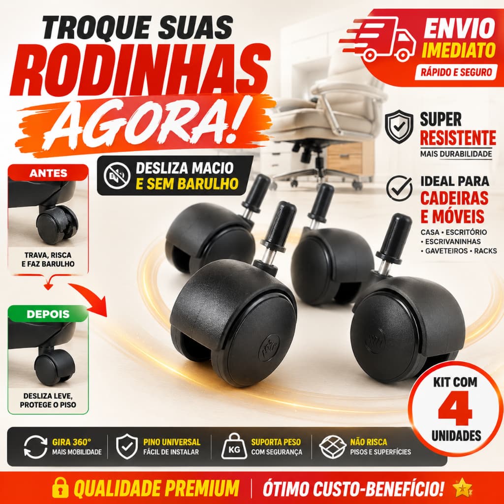 Rodinhas Rodízio Giratória 40mm Pino 6mm Preto Cama Box Fruteira Andador