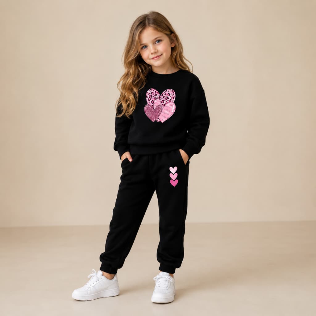 Conjunto Moletom Infantil Agasalho Inverno Fofo Menina Estiloso Coração Rosa Moletom Flanelado