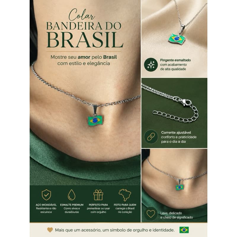 Conjunto Colar + Brinco Bandeira do Brasil 🇧🇷 Aço Inox Delicado Feminino Presente Tendência 2026