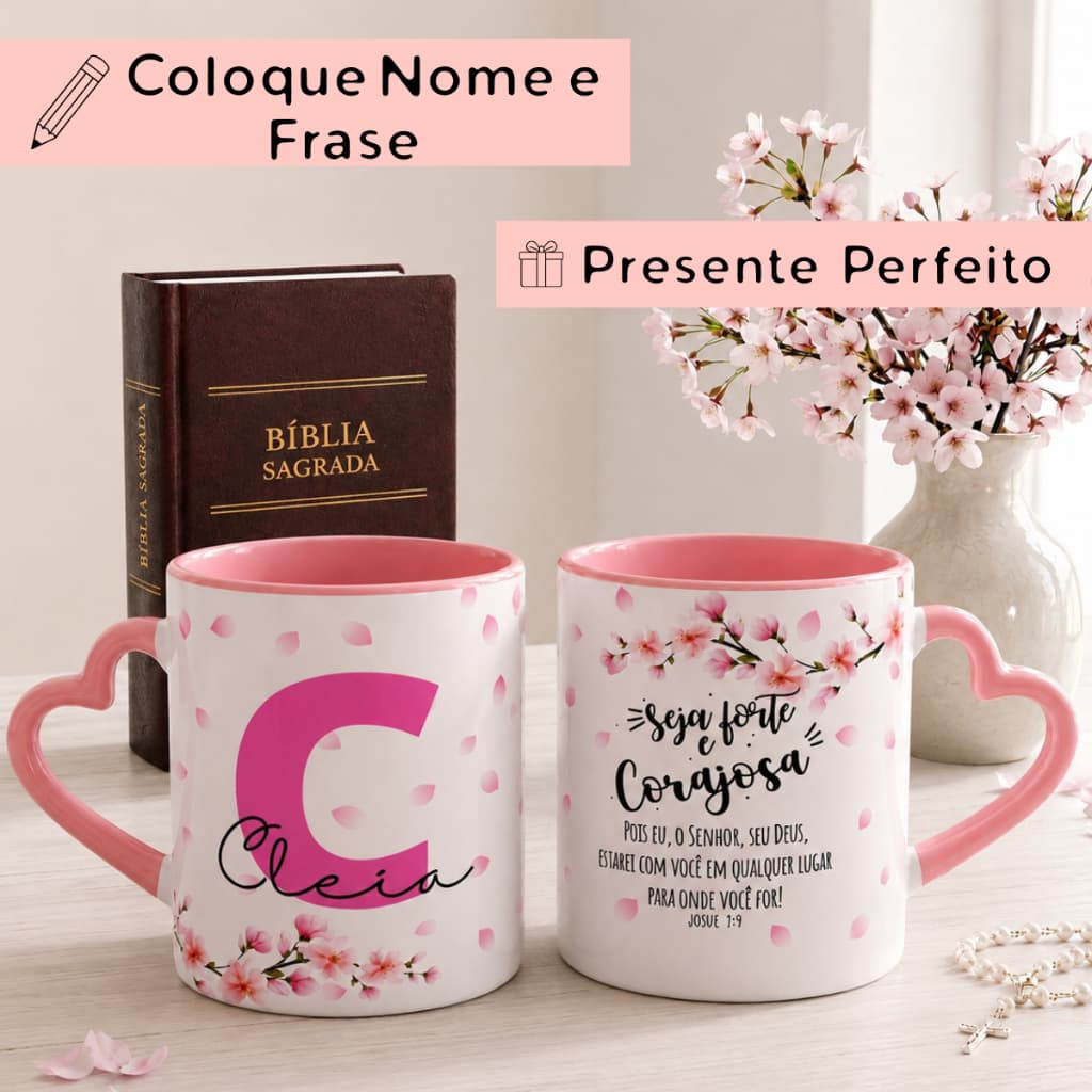Caneca Personalizada Nome Letra Frase Religiosa Versículo Bíblico Coração Flores Presente Amiga Aniversario