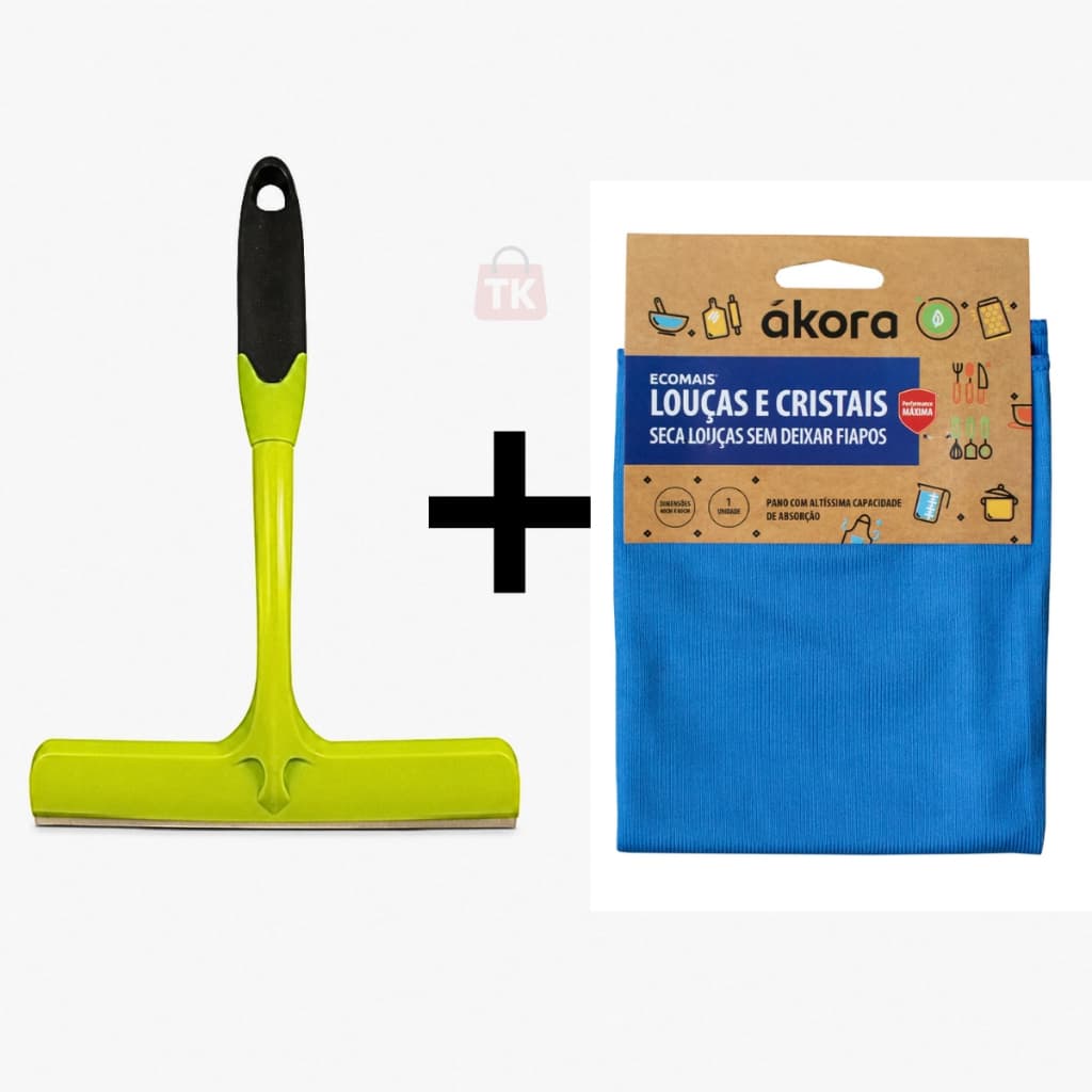 Rodo de Pia Ákora + Pano Microfibra Ecomais Louças e Cristais Seca Louças, Copos e Taças Sem Fiapos