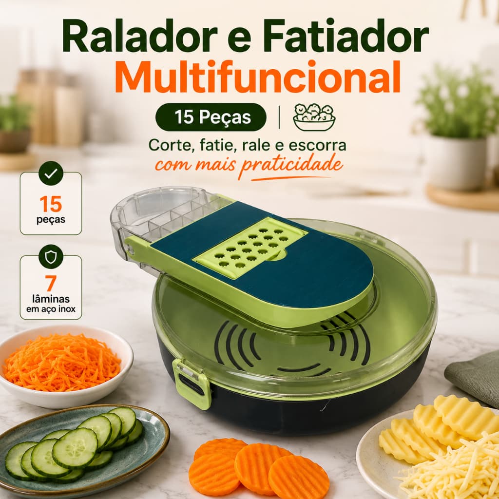 Ralador e Fatiador de Legumes 15 Peças Multifuncional 7 Lâminas Inox + Cesto Escorredor