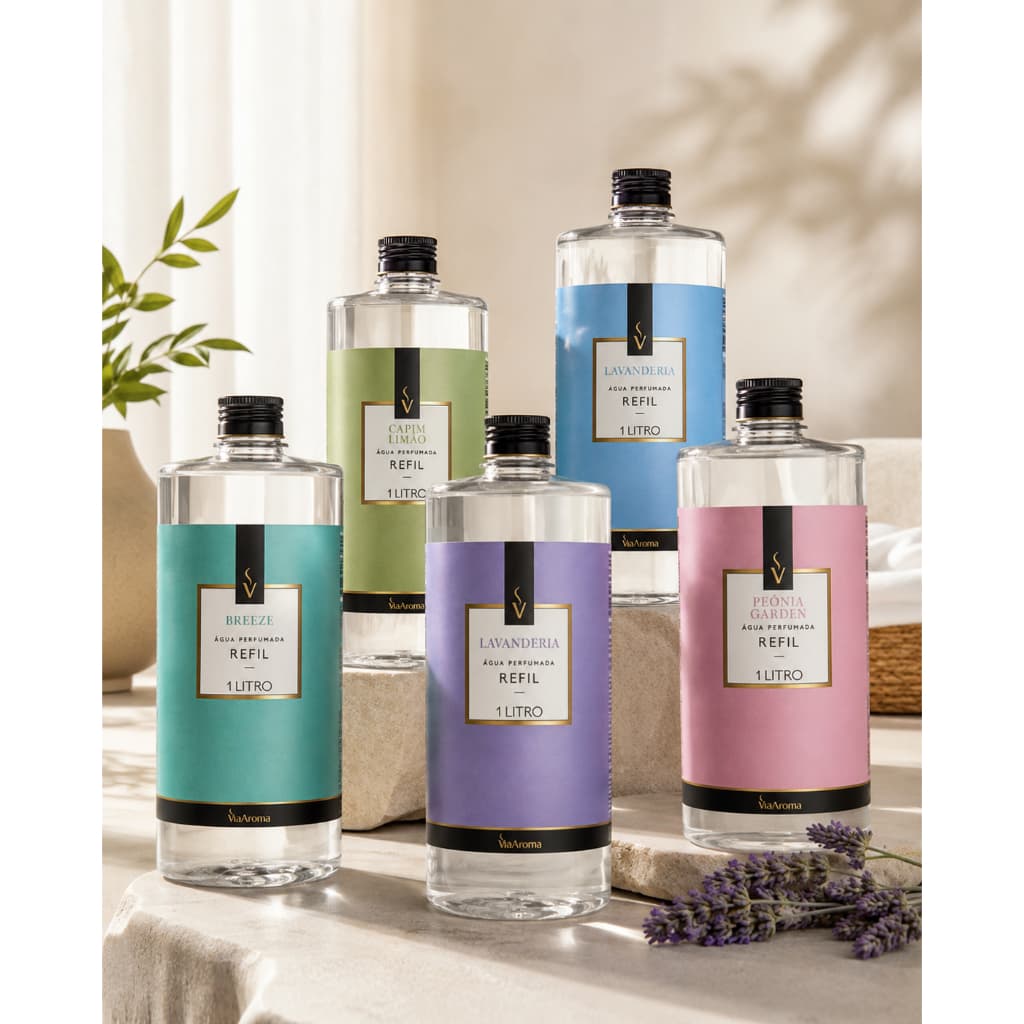 Refil Água Perfumada Via Aroma 1L – Aromatiza Tecidos, Roupas e Lençóis | Escolha Fragrância ou Kit