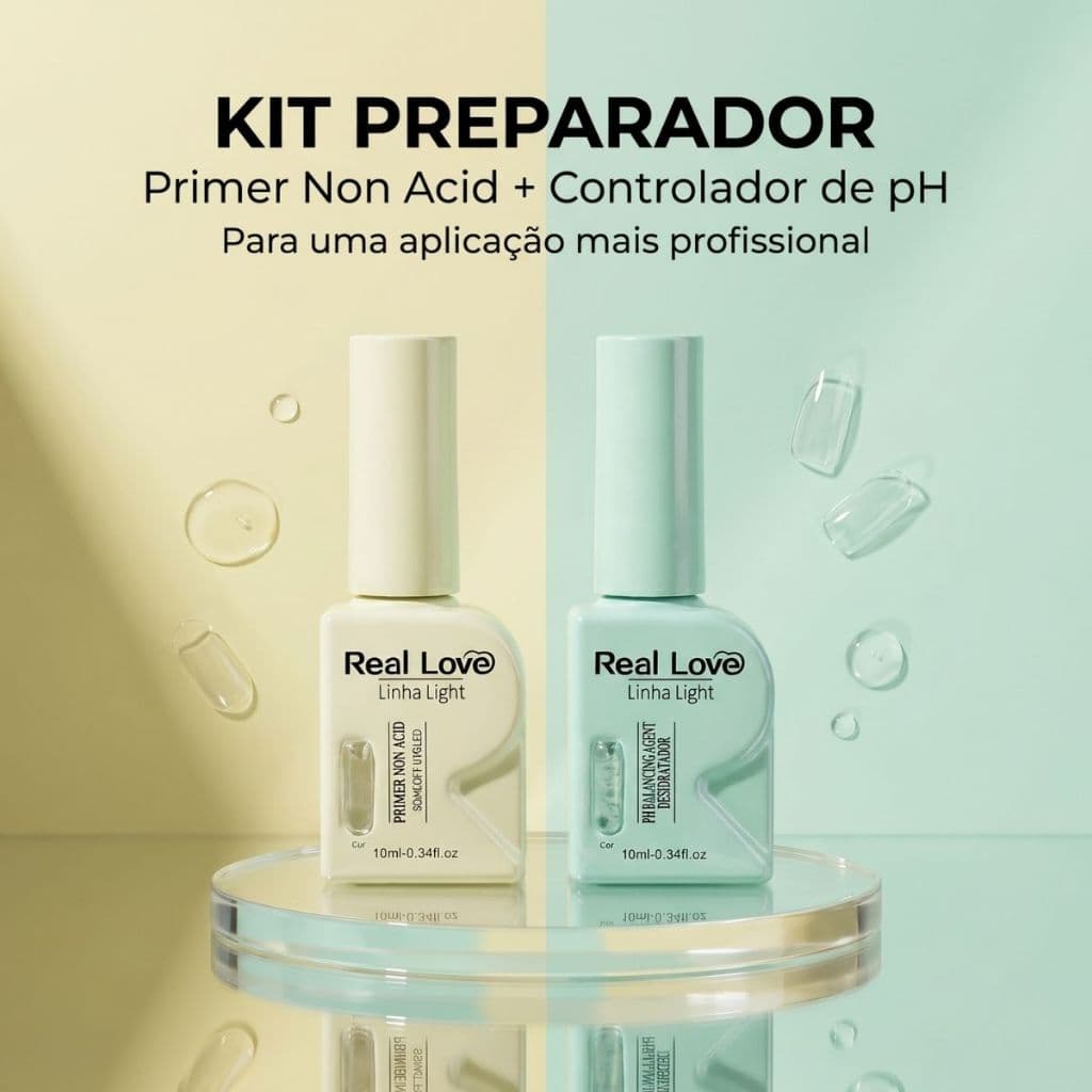 Kit Preparador Primer Não Ácido + Controlador de pH Alta Aderência para Alongamento de Unhas Linha Pro Real Love