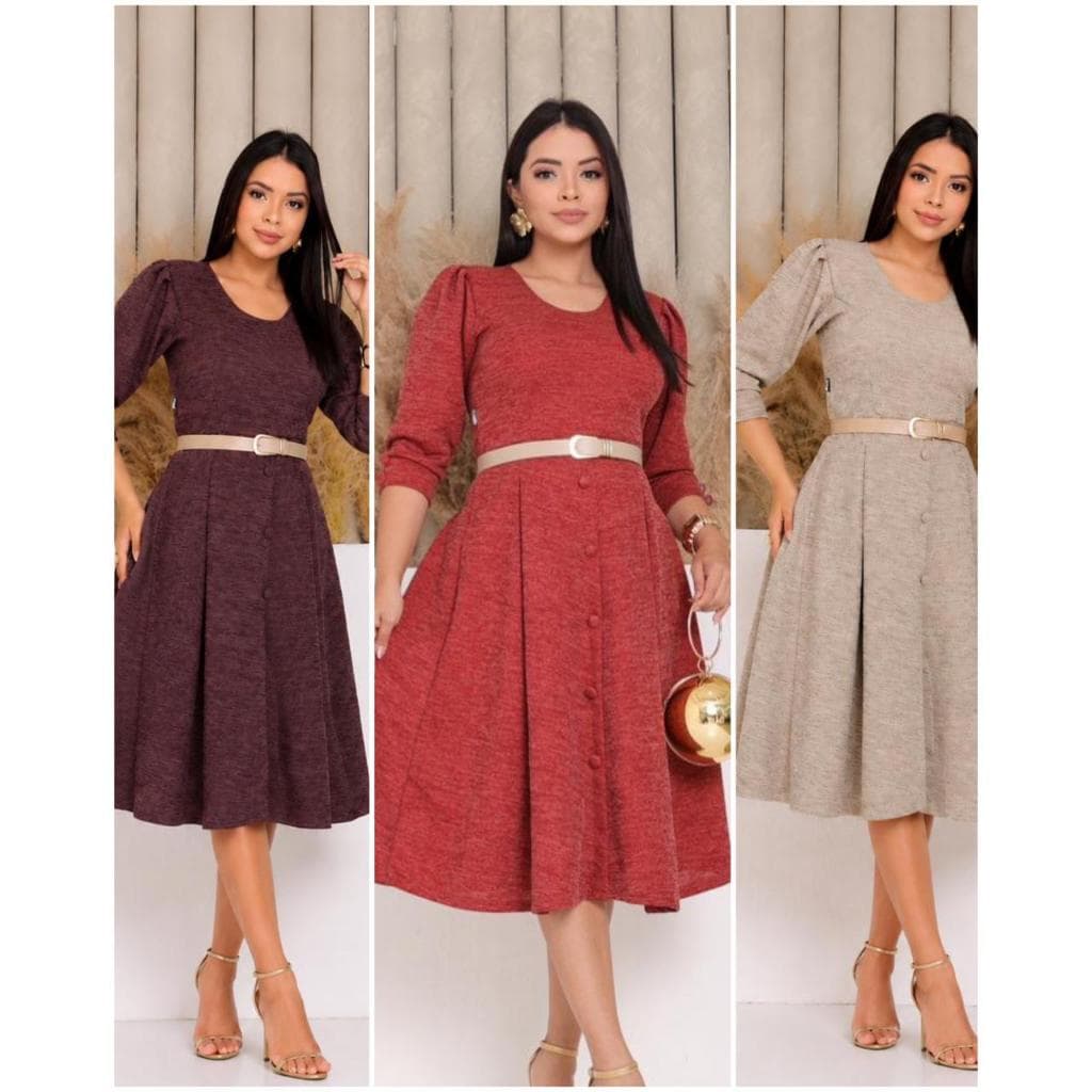 Vestido Midi Feminino Com Cinto Grátis Manga 3/4 Saia Godê Elegante Casual Evangélico Moda Feminina