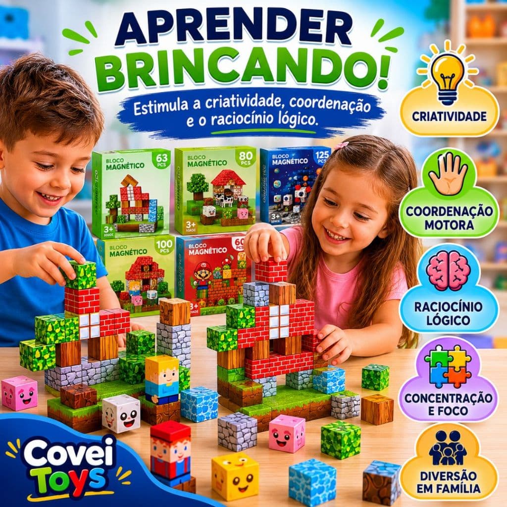 Blocos Magnéticos De Montar Com Ímã 60 A 125 Peças Infantil Educativo Raciocínio Lógico Covei Toys