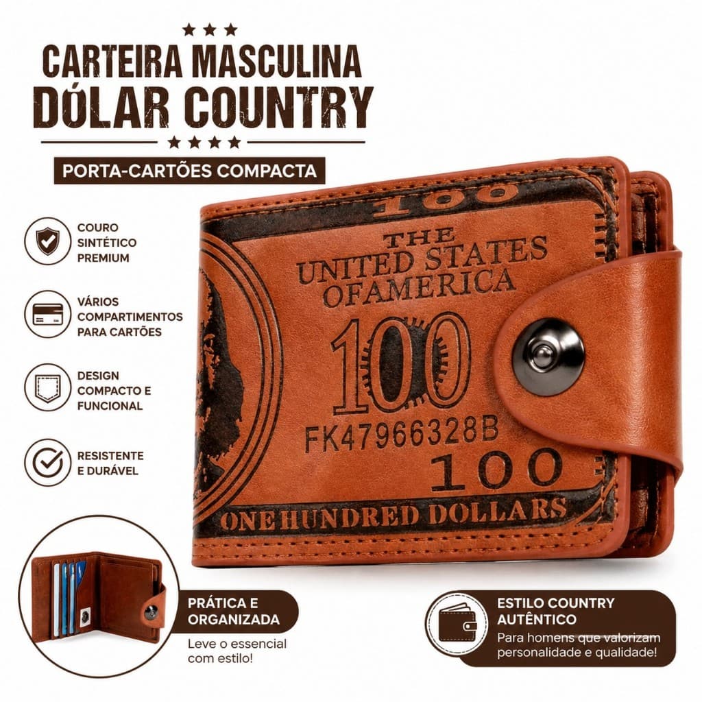 Carteira Masculina Dólar Country Fecho Trava Couro Qualidade Fazendeiro Porta-Cartões Compacta