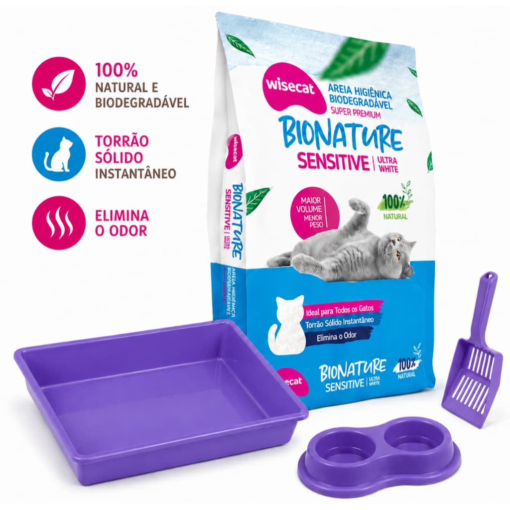 Kit Bandeja Higienica Roxo Para Gatos + Pa + Comedou e Bebedouro +Areia Bionature Sensitive 2 Kg
