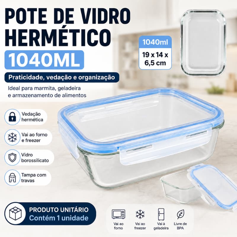 Pote Vidro Hermético 1040ml Tampa Plástica Armazenamento Alimentos Marmita Fit Vai ao Forno e Freezer