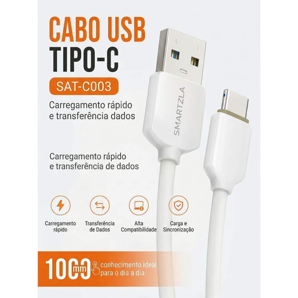 Cabo USB Tipo C Carregamento Rápido Dados Smartzla SAT-C003 COD CDX