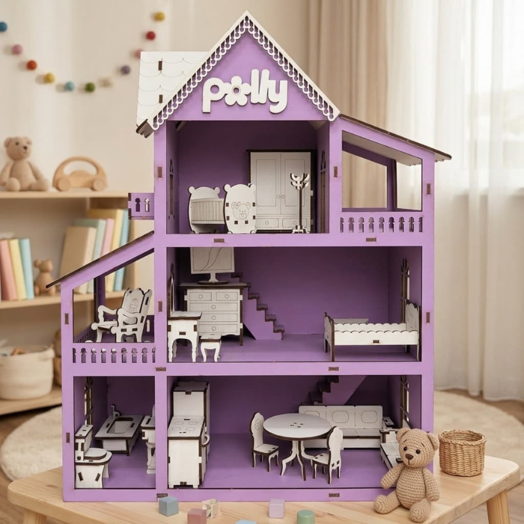 Casa Boneca Polly Mdf Pintada De Roxa + Kit 30 Mini Móveis Branco