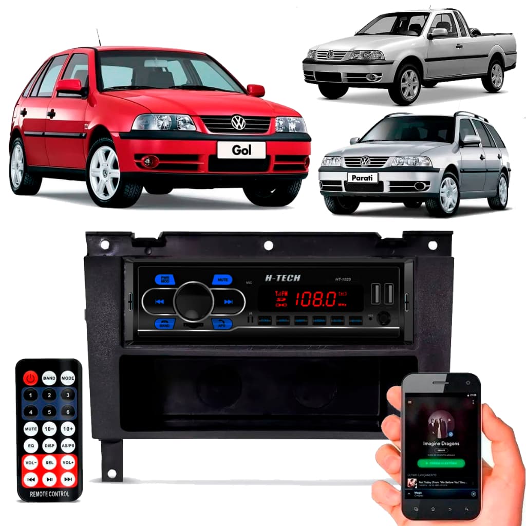 Moldura Cd Mp3 Painel 1din Cd Vw Gol G3 + Rádio Automotivo Som Bluetooth LED USB SD FM com Controle