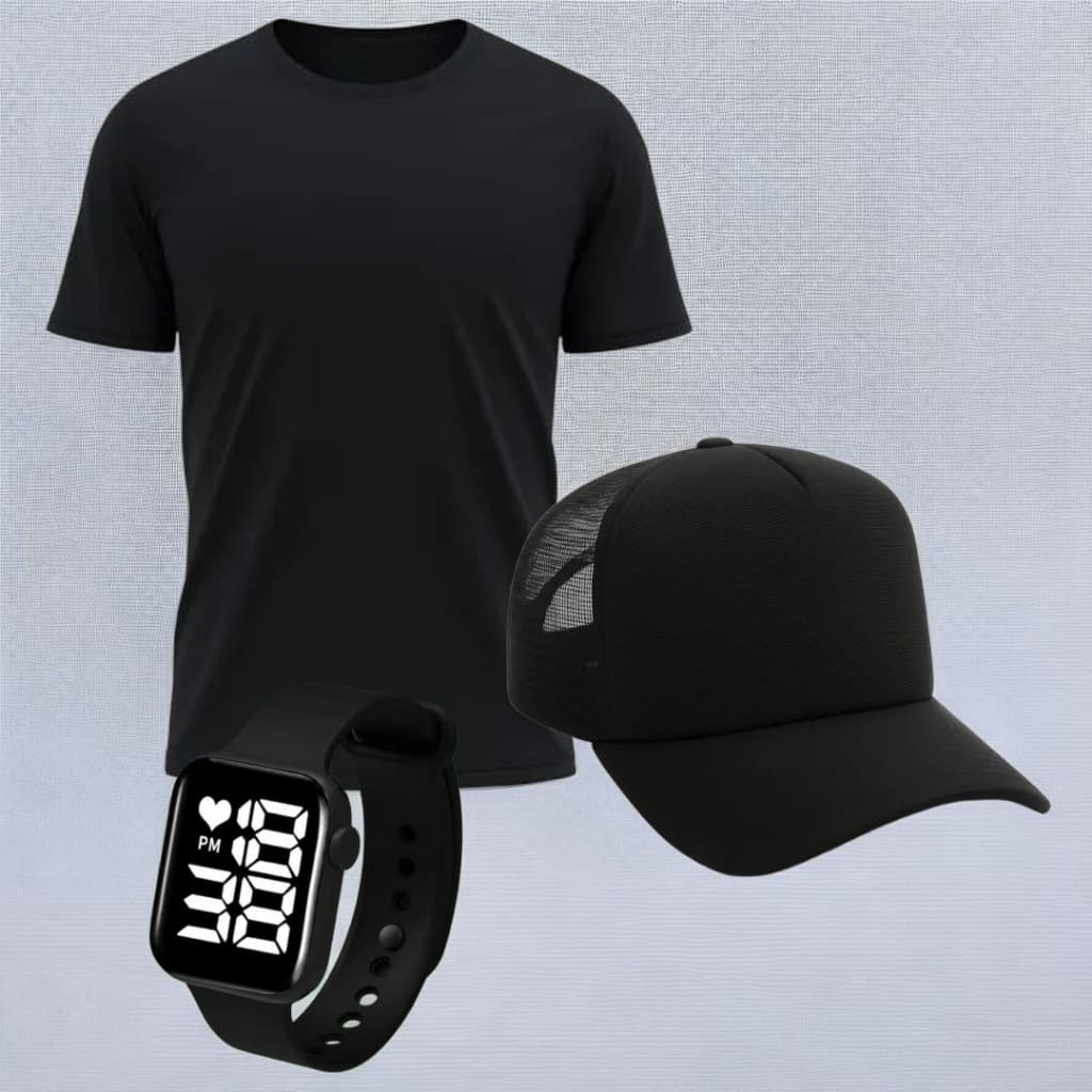Kit Camiseta 100% Algodão + Boné Liso + Relógio Digital Premium
