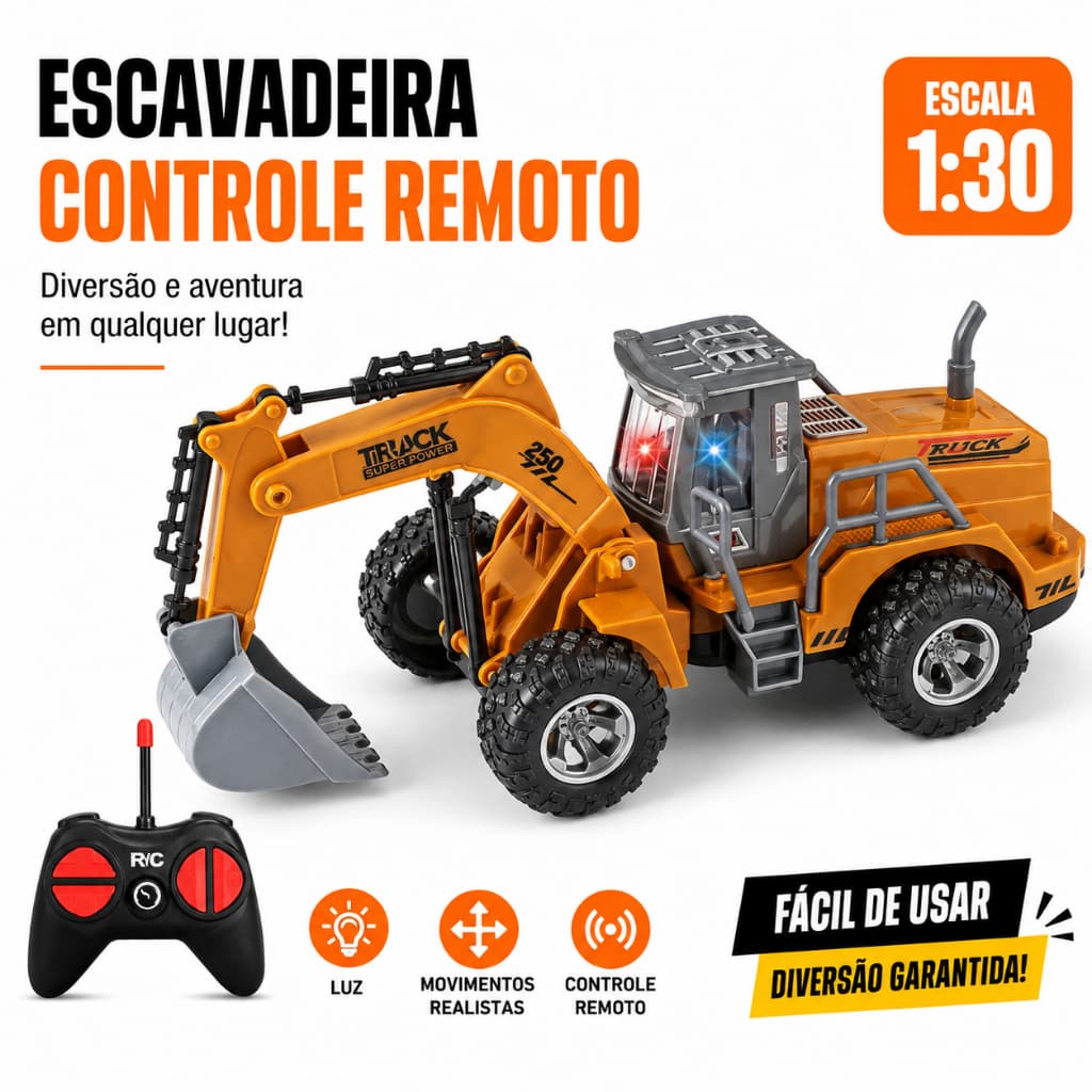 Escavadeira Controle Remoto RC Infantil 1:30 com Luz LED Construção Realista Educativa