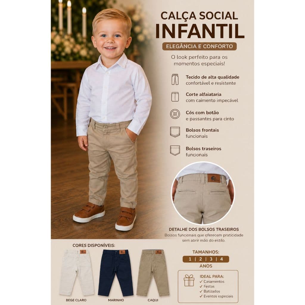 Calça Infantil  Social Esporte Fino  Slim Sarja Premium Alfaiataria Bolso Embutido Menino