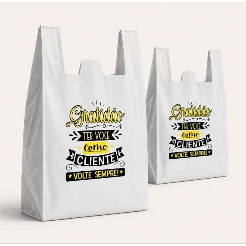 500 Sacolas Alça Camiseta Personalizadas com Frases de Gratidão – Resistentes para Mercados, Comércio em Geral 38x58