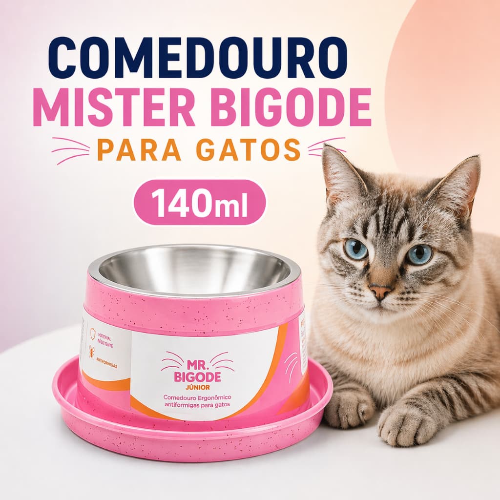 Comedouro E bebedouro para gatos Ergonômico  MR. BIGODE capacidade 140ml Cor Rosa