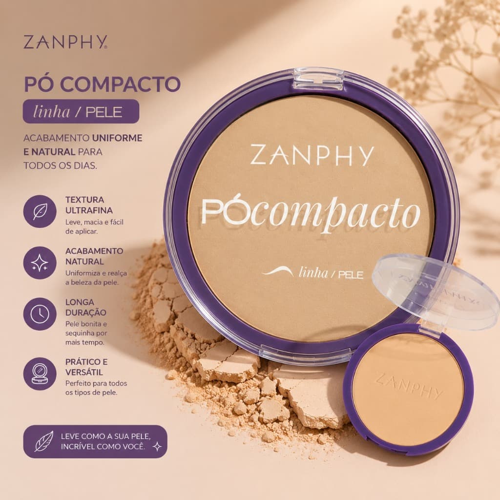 Pó Compacto Facial Matte e Aveludado Zanphy Maquiagem 8 Tons