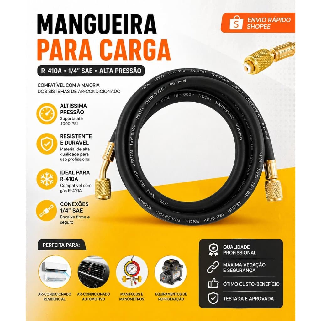 Mangueira R410A 1/4 SAE Alta Pressão 4000 PSI Para Carga de Gás Ar Condicionado
