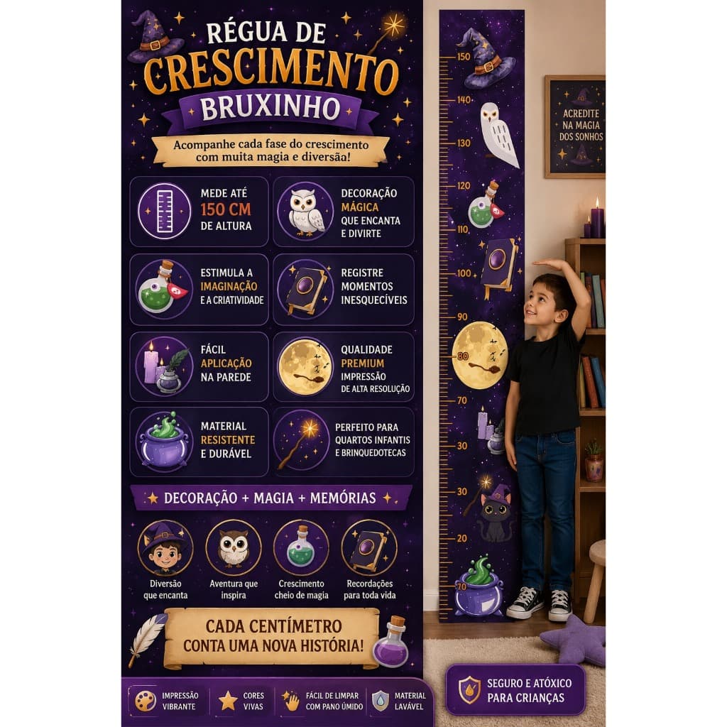 Adesivo de Parede Regua Crescimento Infantil Potter Bruxo Bruxa Escola Bruxaria Magia Feitiço