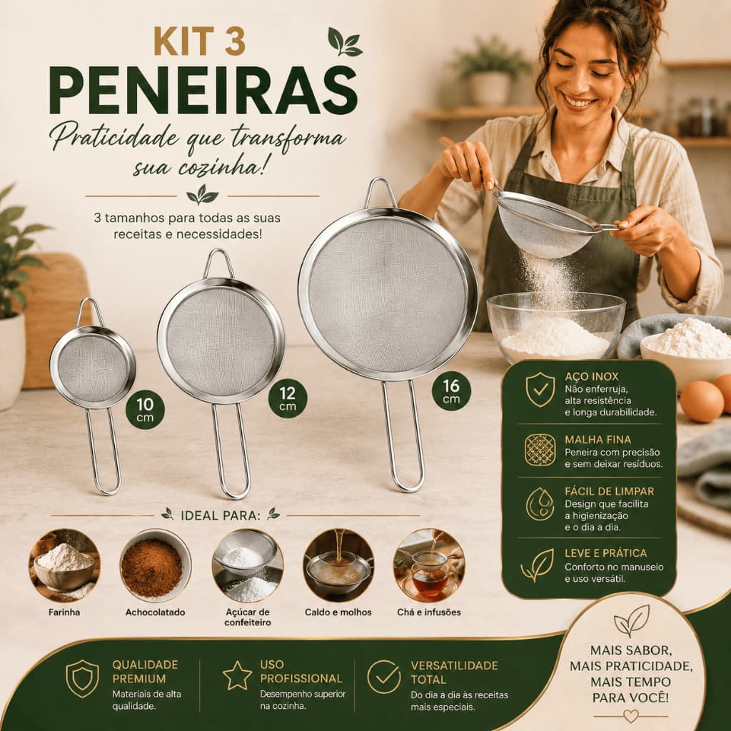 Kit 3 Peneiras Inox Premium Malha Fina Reforçada Alta Resistência P/ M /G 10cm 12cm 16cm Reforçadas