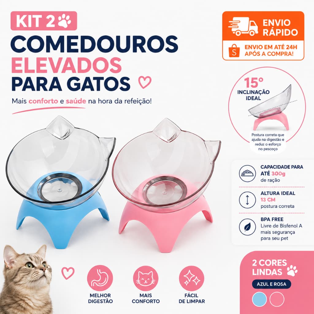 Kit 2 Comedouro Bebedouro Gatinho Elevado Com Inclinação Correta Alimentação Pet - ENVIO IMEDIATO