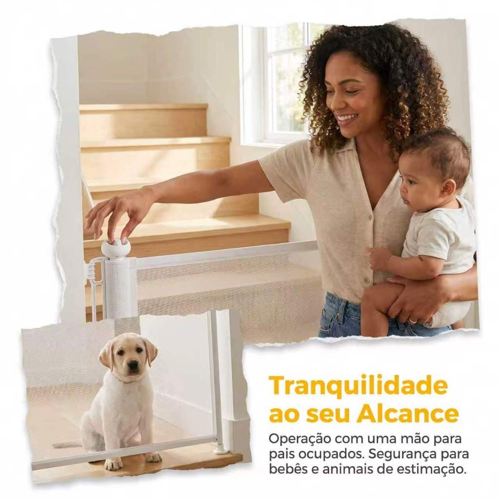 Portão Retrátil para Bebês e Pets, Tela de PVC, Alumínio, Abertura com Uma Mão, Segurança para Casa