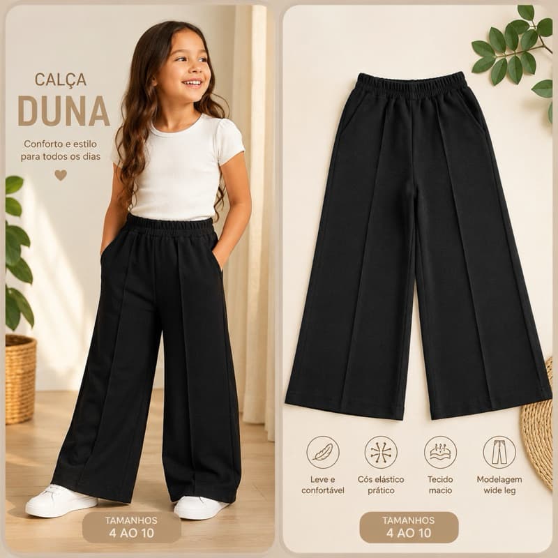 Calça Wide Leg Infantil Feminina Duna Confortável Tam 4 ao 10