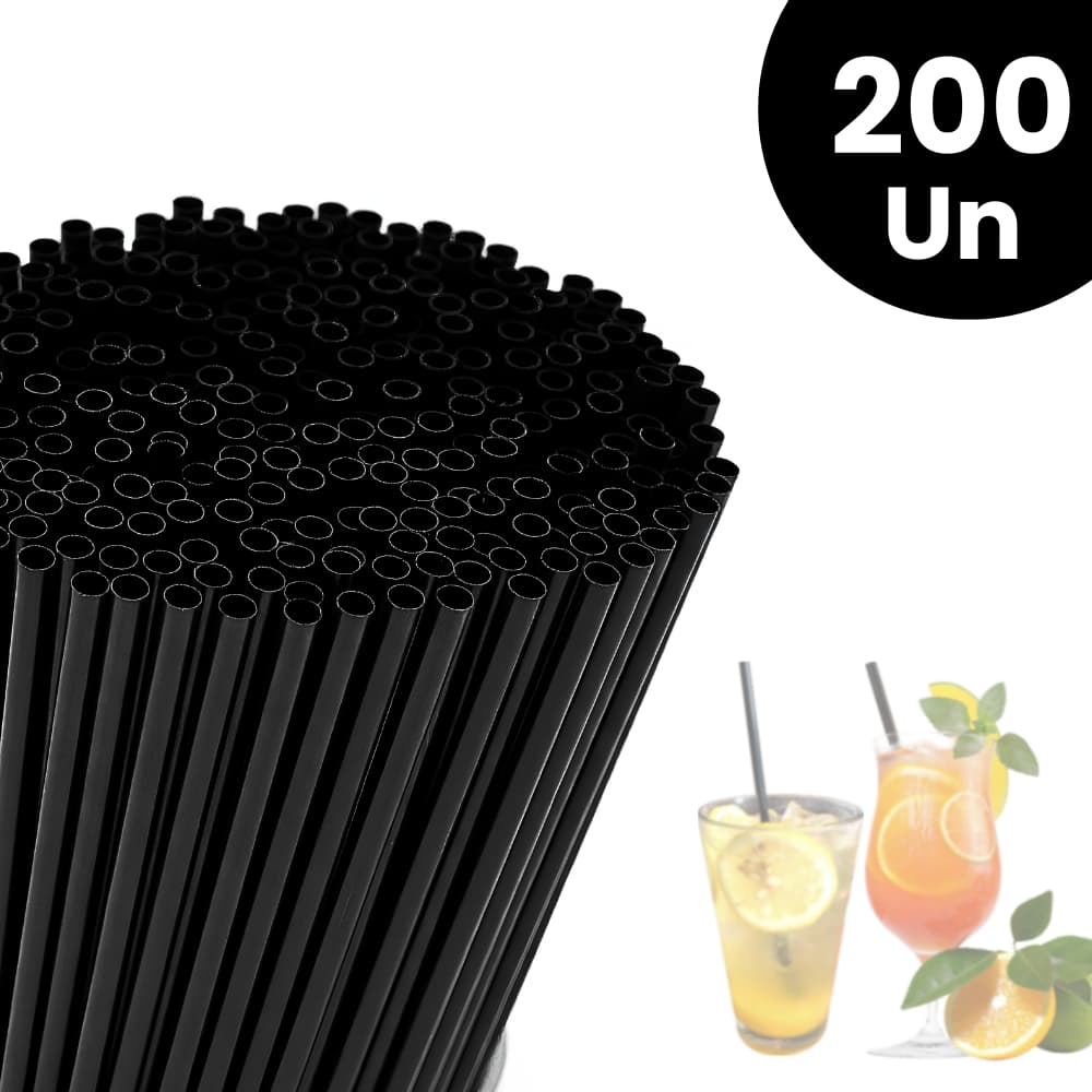 Canudo Preto De Plástico Descartável Para Drinks 8mm 200Un