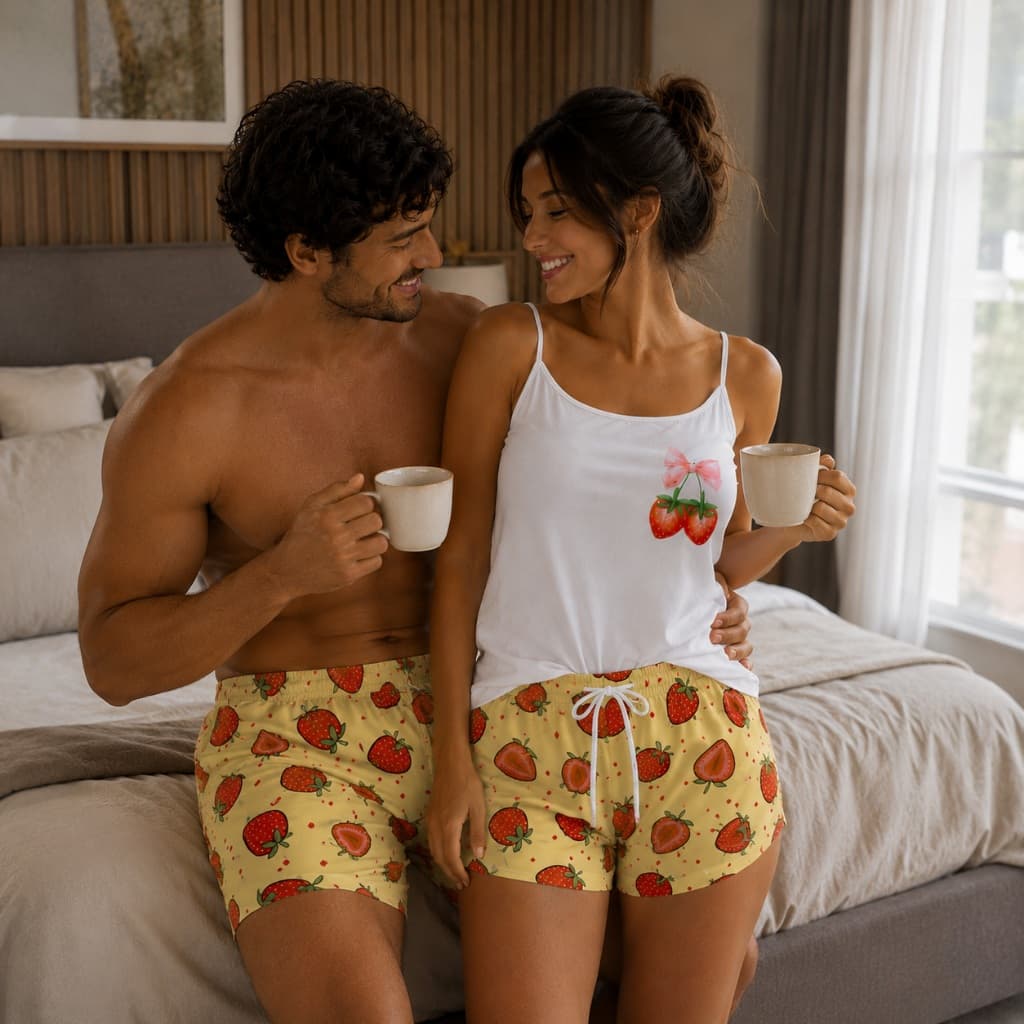 Pijama Baby Doll Casal Mozão Combinando Morango Fitinha + Bermuda Masculina